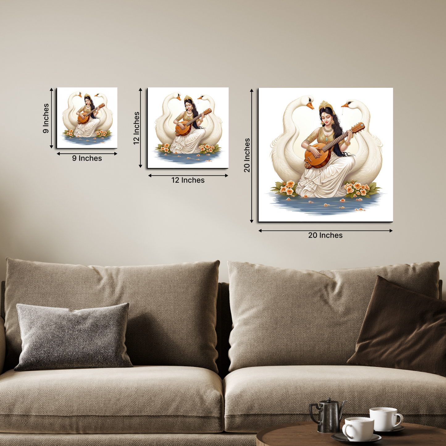 Goddess Saraswati With Veena Wood Print Wall Art