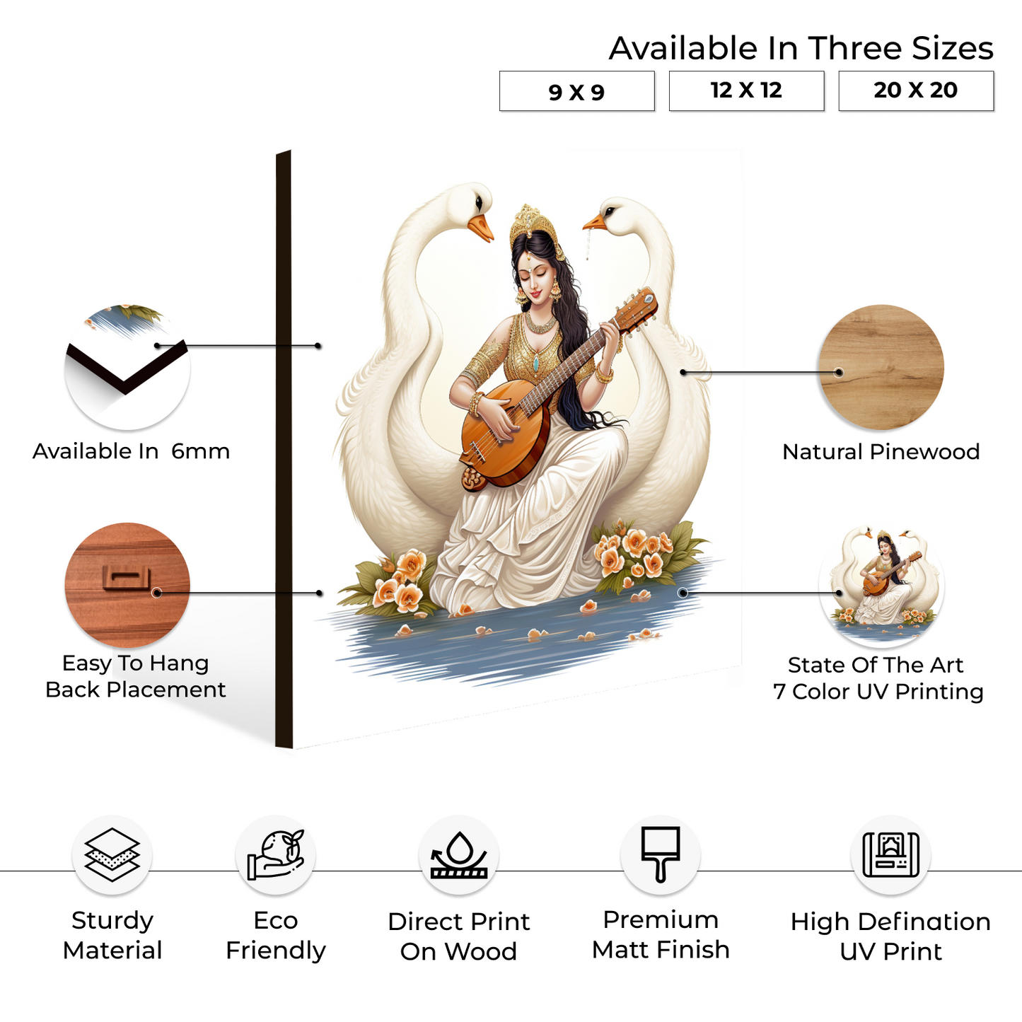 Goddess Saraswati With Veena Wood Print Wall Art