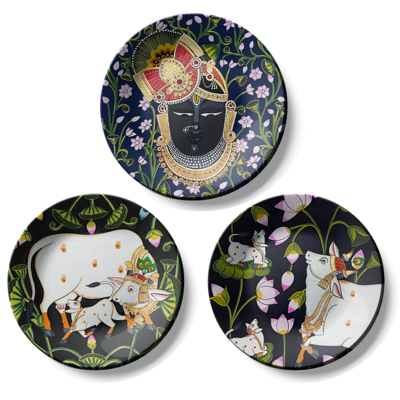 Set of 3 Shrinath Ji and Cow Pichwai Wall Plates Décor