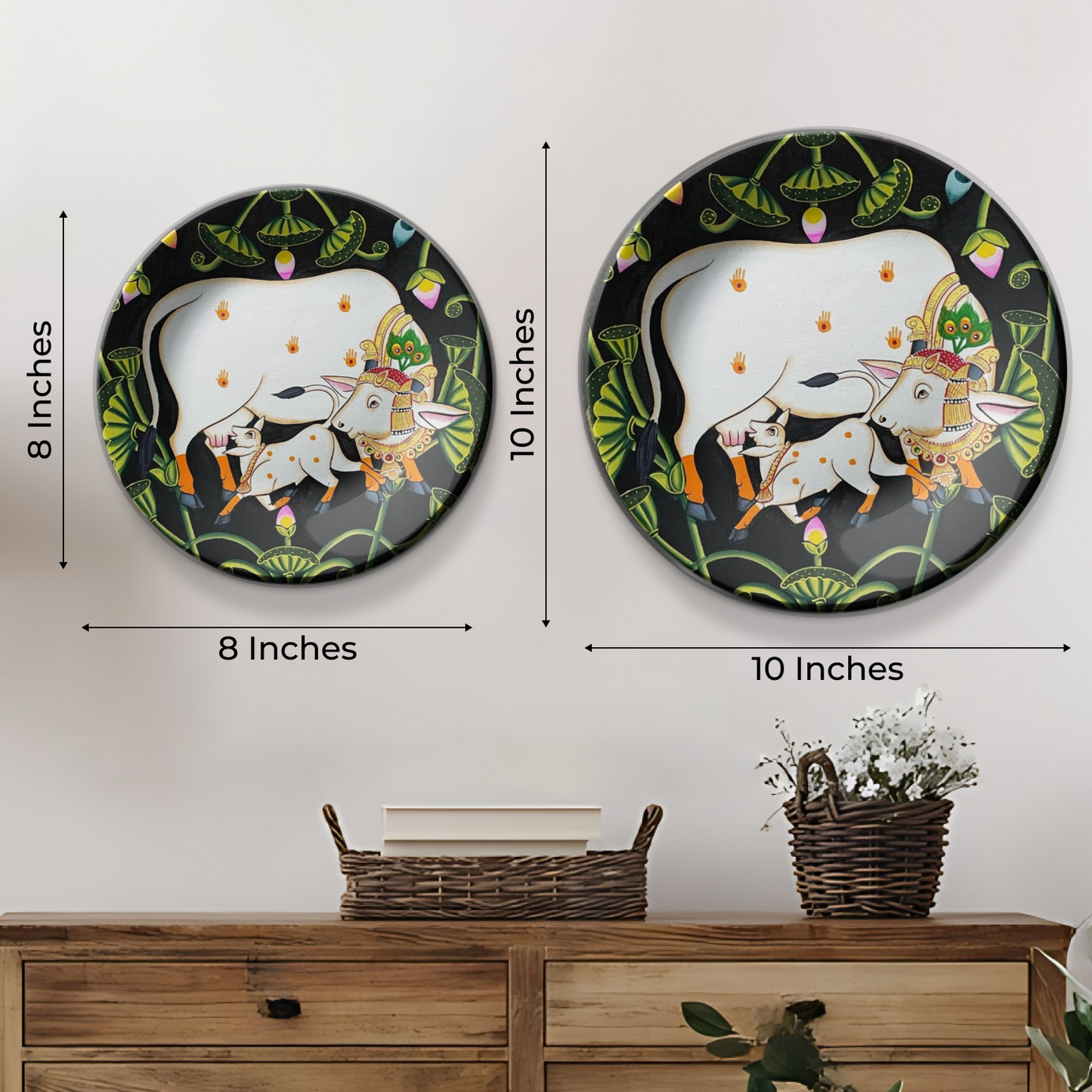 Set of 3 Shrinath Ji and Cow Pichwai Wall Plates Décor