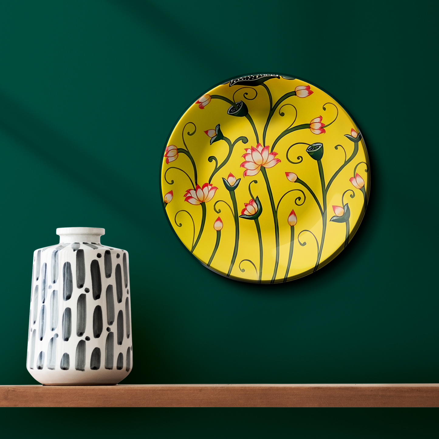 Pink Lotus Yellow Ceramic Wall Plate Home Décor