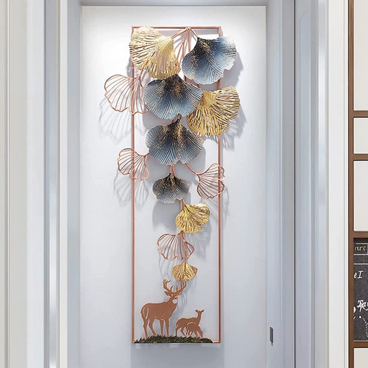Leaves and Deer Vertical Framed Metal Wall Art