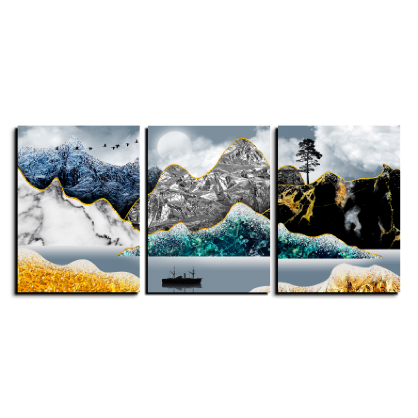 Golden Line Mountains Wood Print Wall Art Set of 3