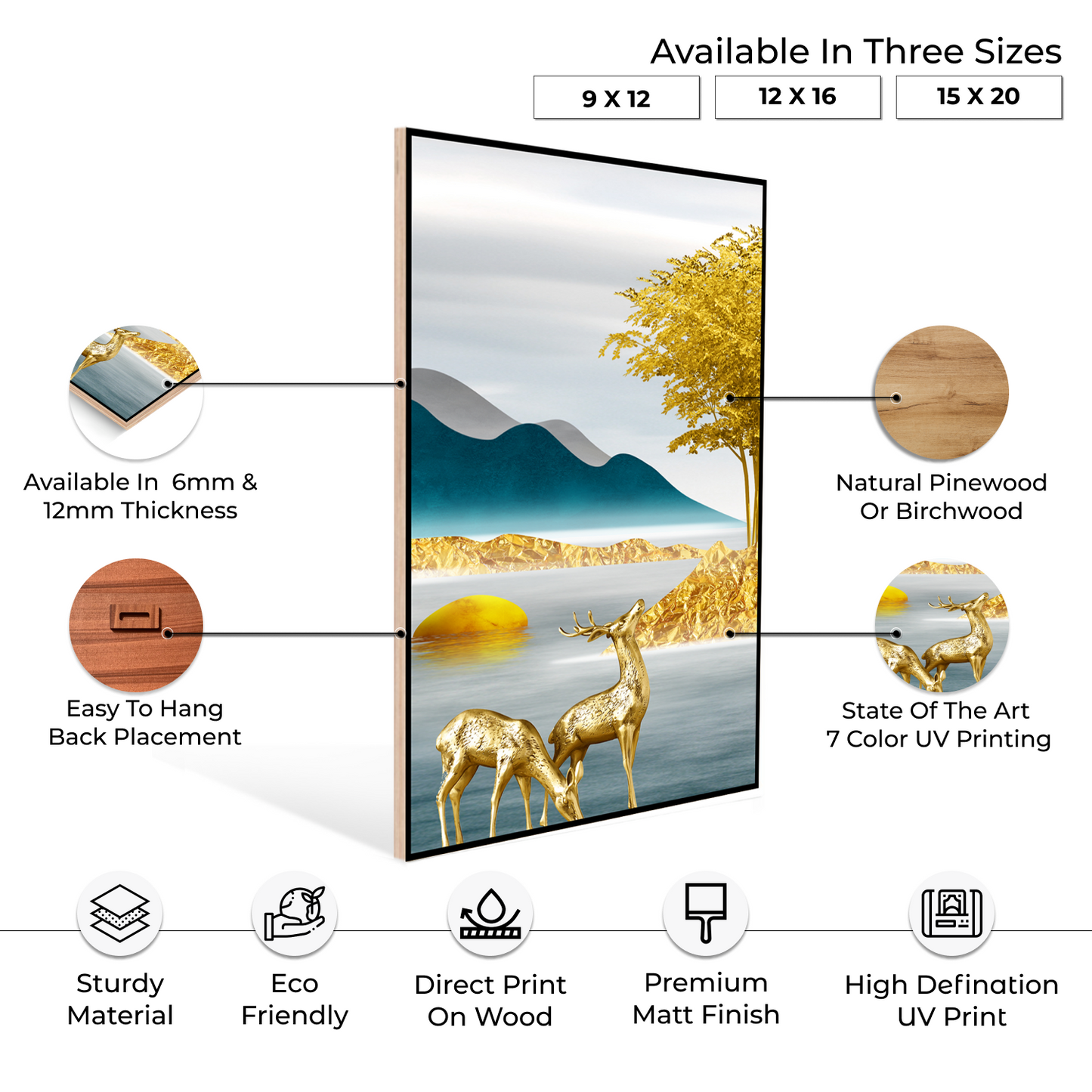 Assorted Landscape Golden Wood Print Wall Art Set of 3