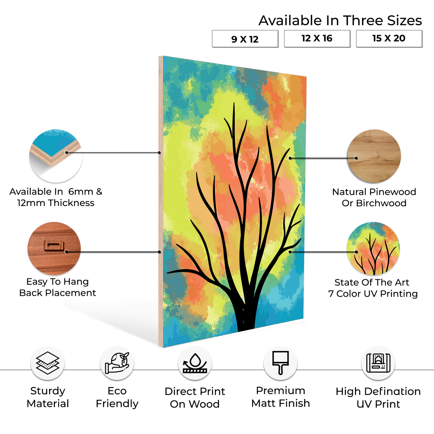 Colorful Botanical Wood Print Wall Art Set of 3