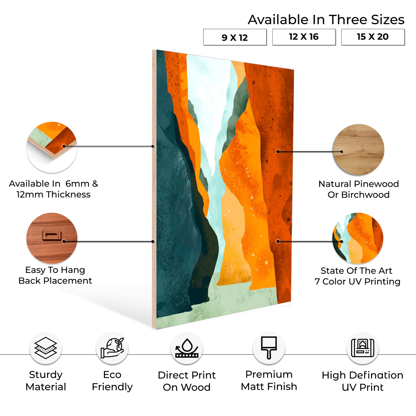 Orange Abstract Landscape Wood Print Wall Art Set of 3