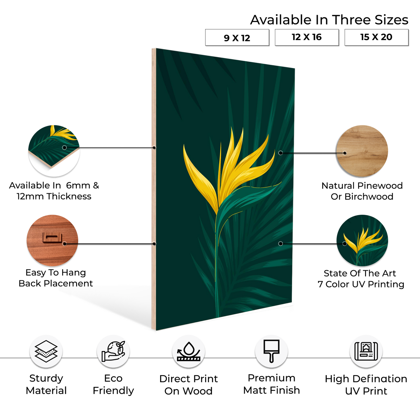 Green Leaf Wood Print Wall Art Set of 3
