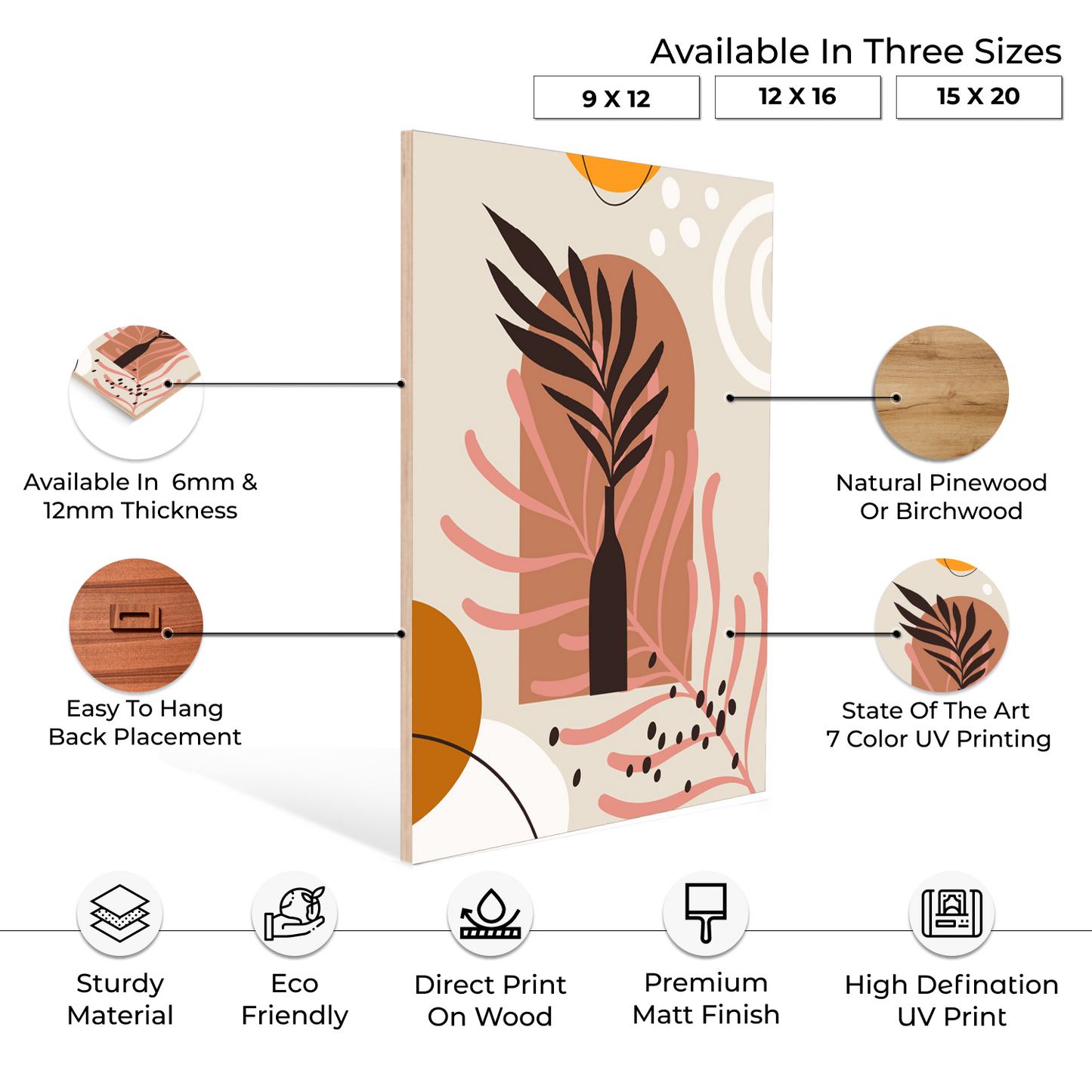 Leaf Botanical Boho Wood Print Wall Art Set of 3