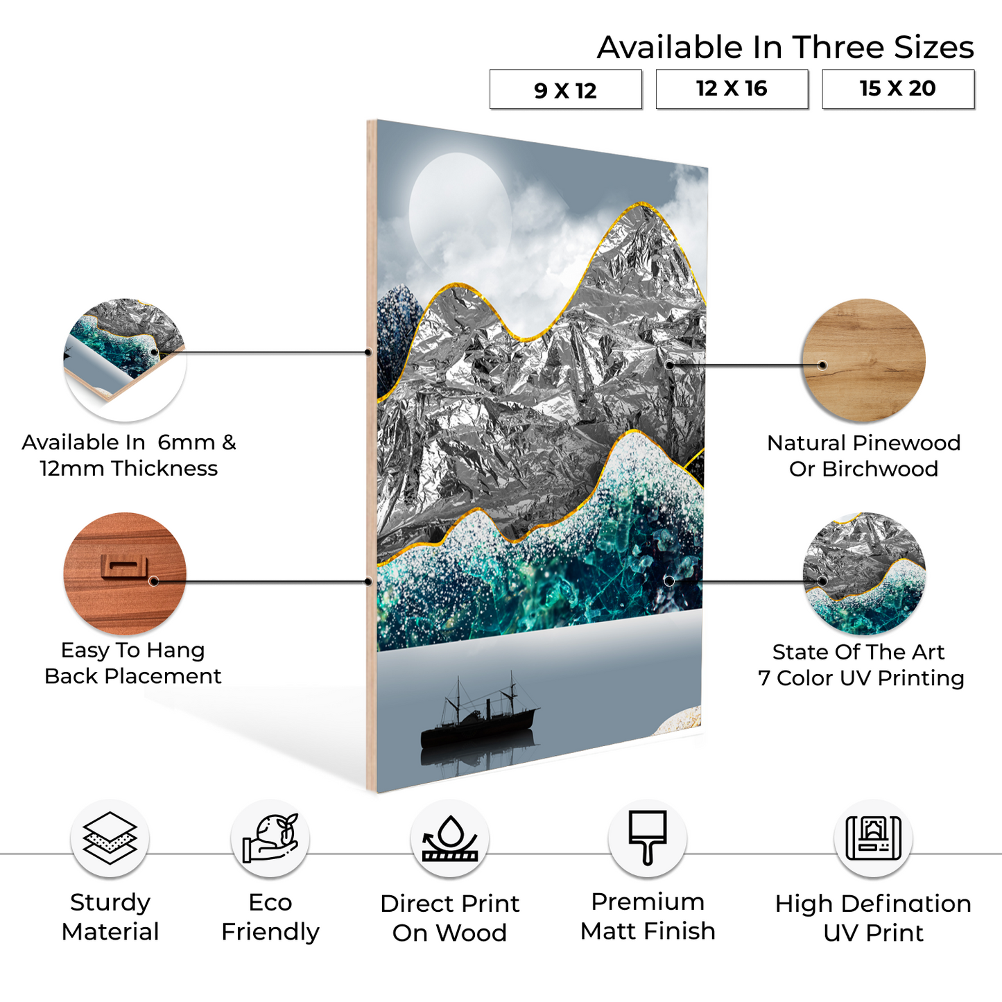 Golden Line Mountains Wood Print Wall Art Set of 3