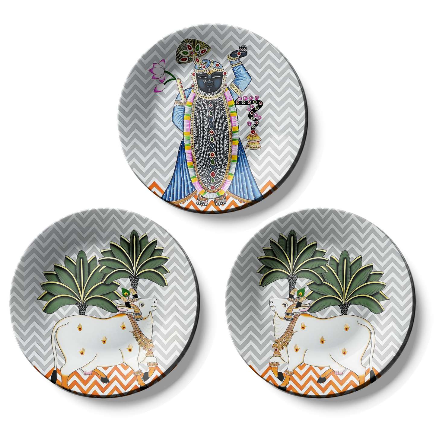Set of 3 Cow and Shrinath Ji Pichwai Wall Plates Décor