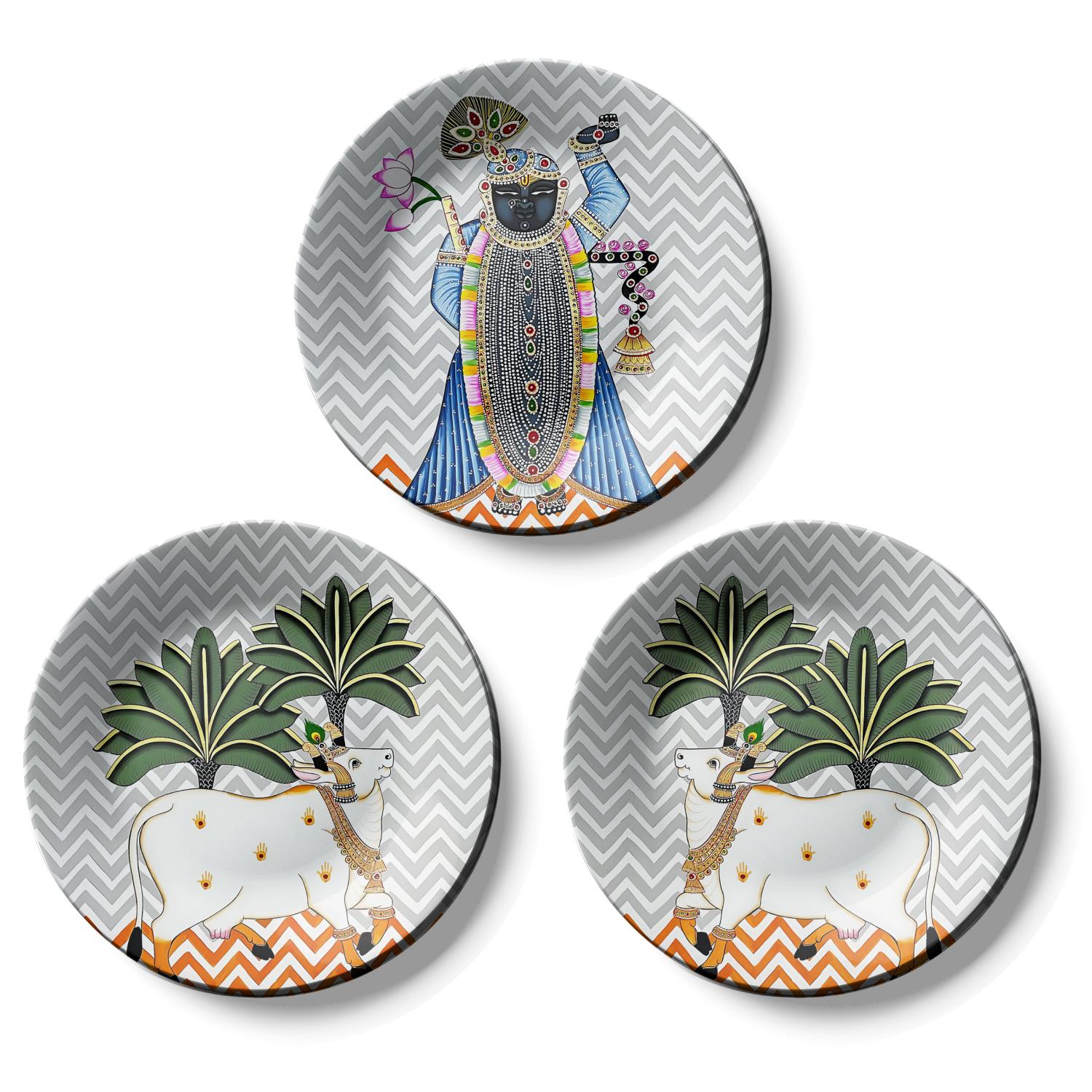 Trio of Shrinath Ji and Cow Pichwai Wall Plates Décor Pieces for Traditional Elegance
