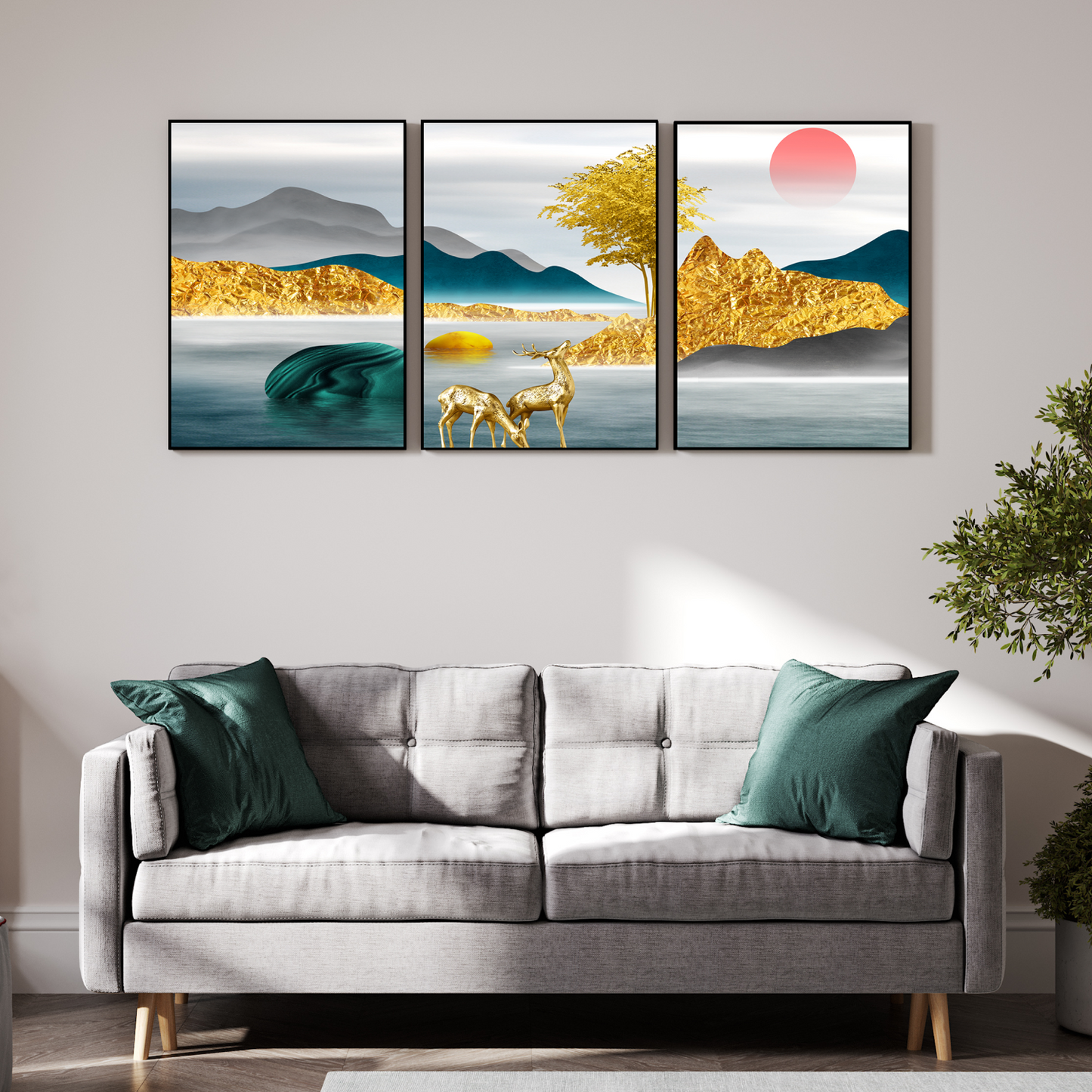 Assorted Landscape Golden Wood Print Wall Art Set of 3