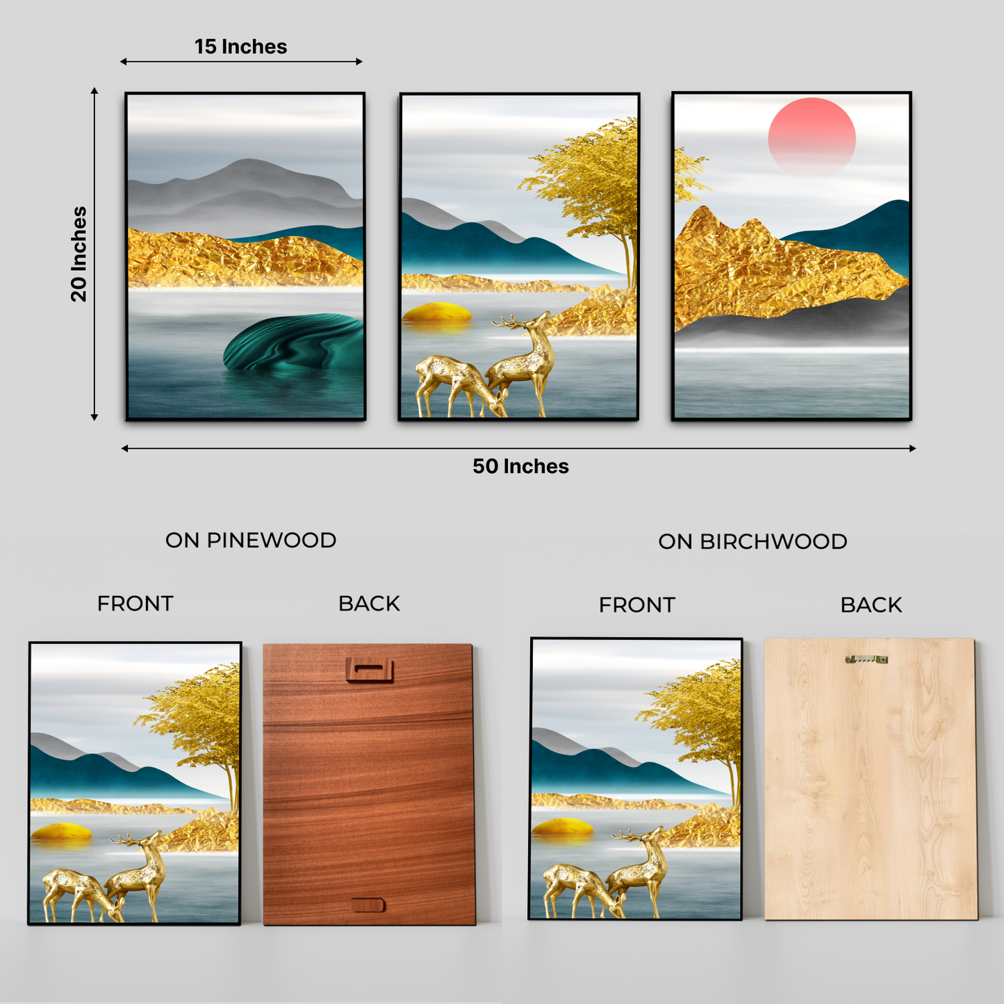 Assorted Landscape Golden Wood Print Wall Art Set of 3