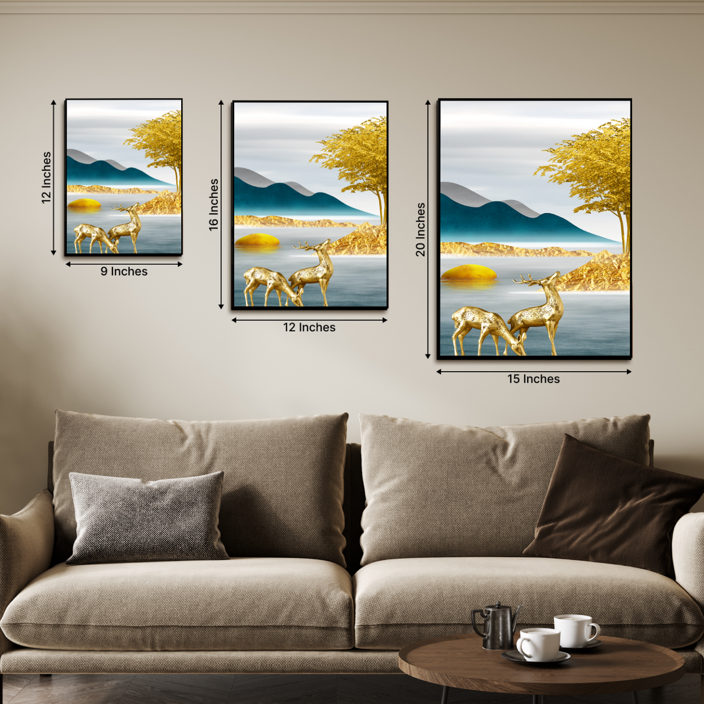 Assorted Landscape Golden Wood Print Wall Art Set of 3