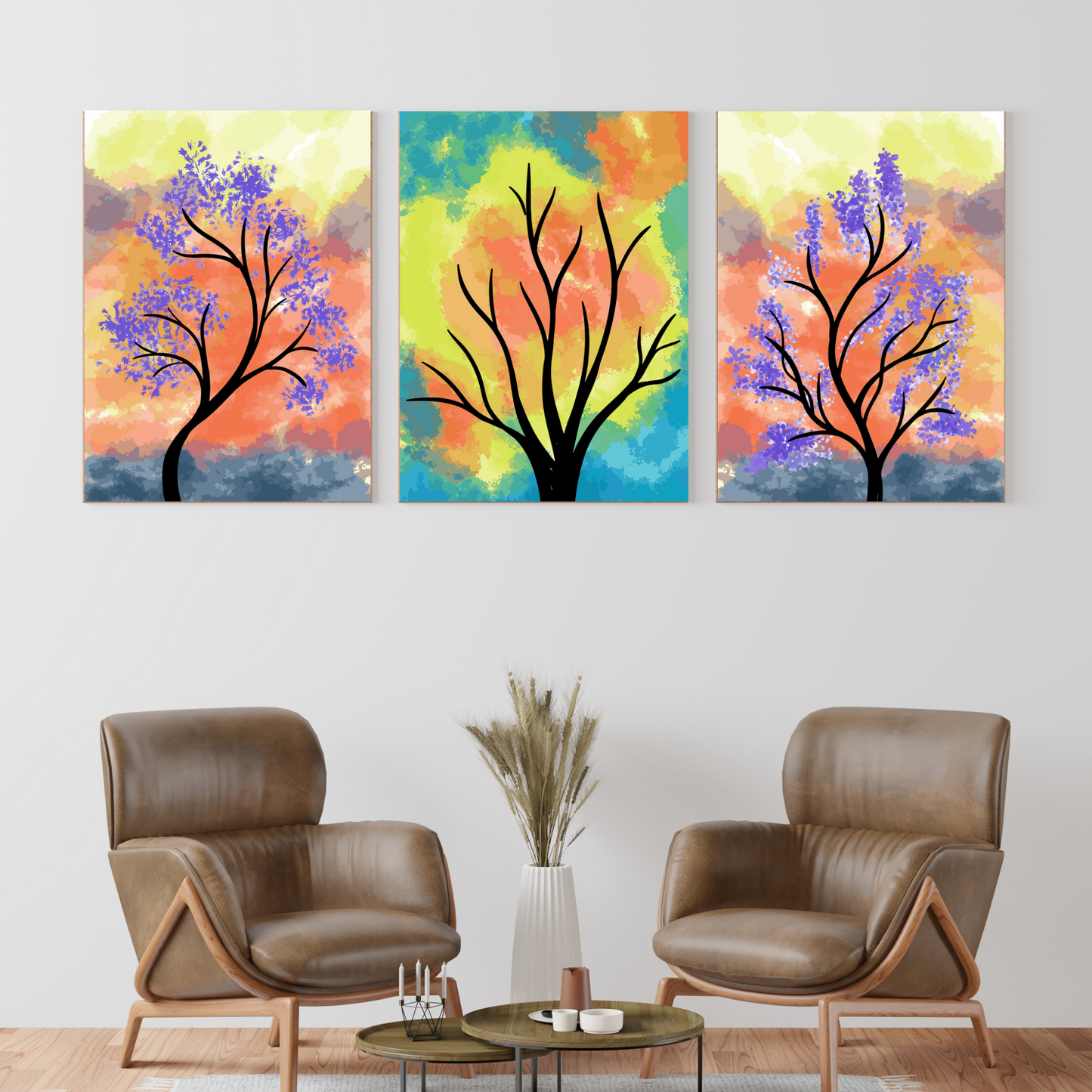 Colorful Botanical Wood Print Wall Art Set of 3