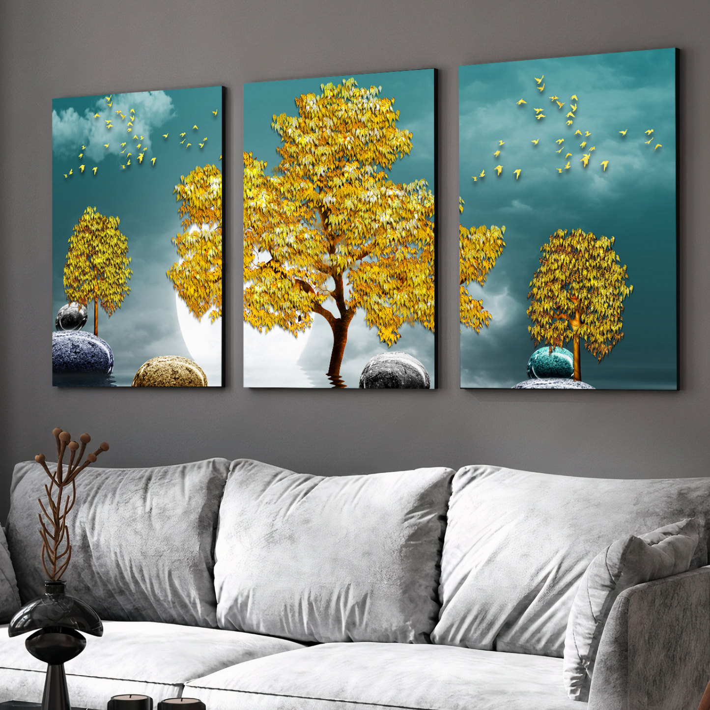 Good Luck Golden Tree Wood Print Wall Art Set of 3