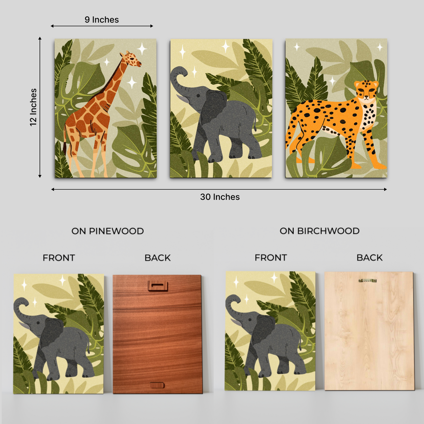 Animal Theme Boho Wood Print Wall Art Set of 3