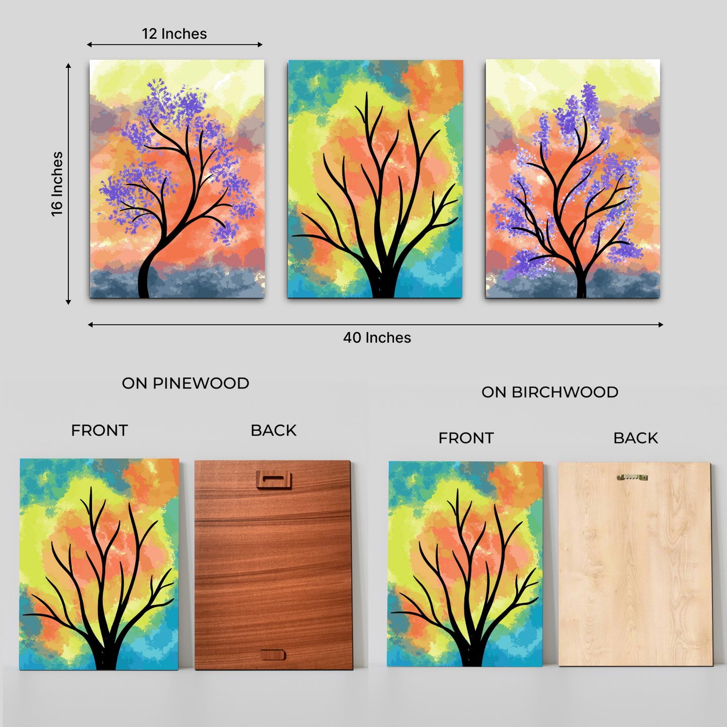 Colorful Botanical Wood Print Wall Art Set of 3