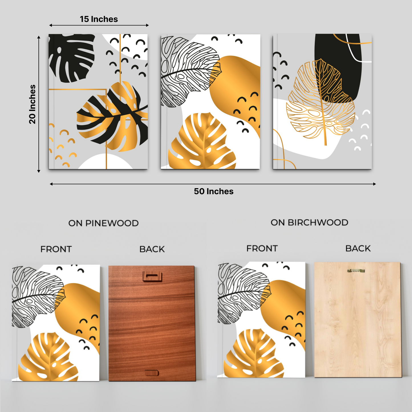 Gold Tropical Leaf Wood Print Wall Art Set of 3