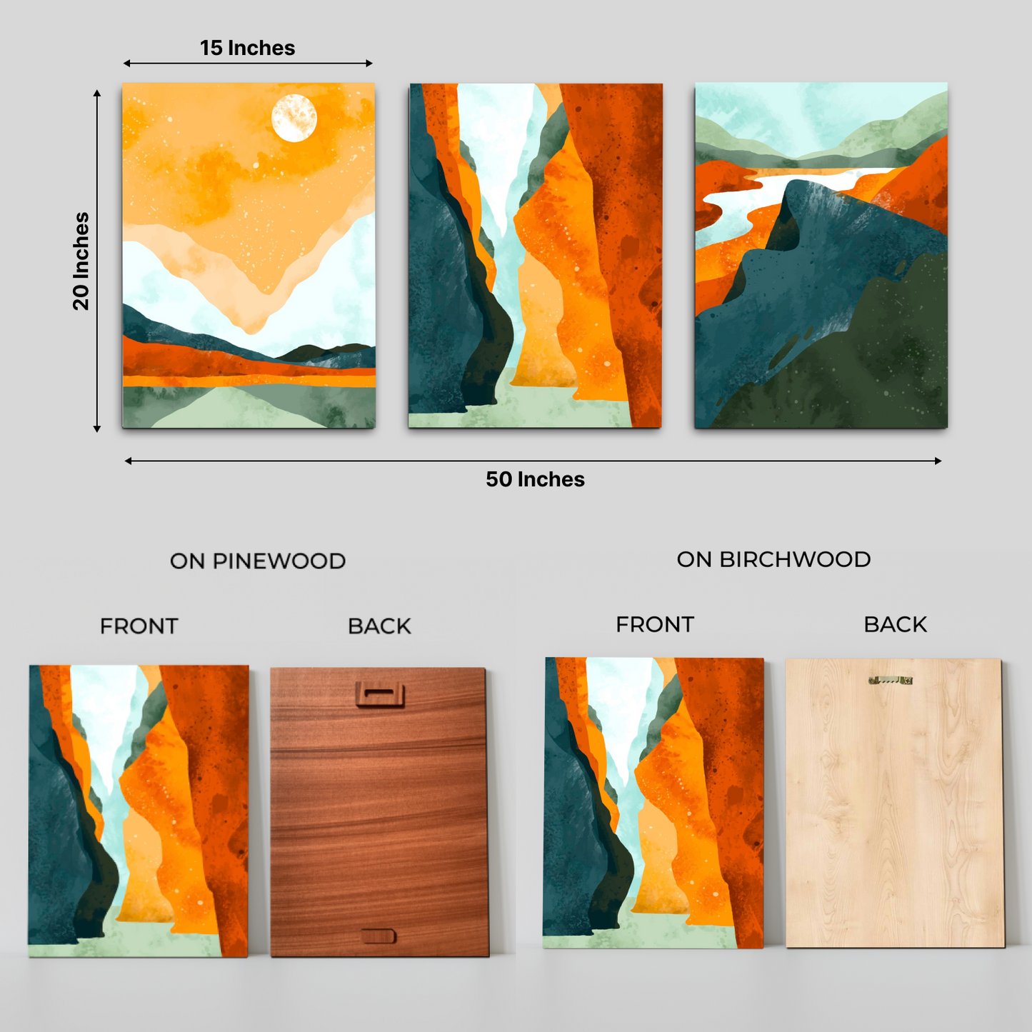Orange Abstract Landscape Wood Print Wall Art Set of 3
