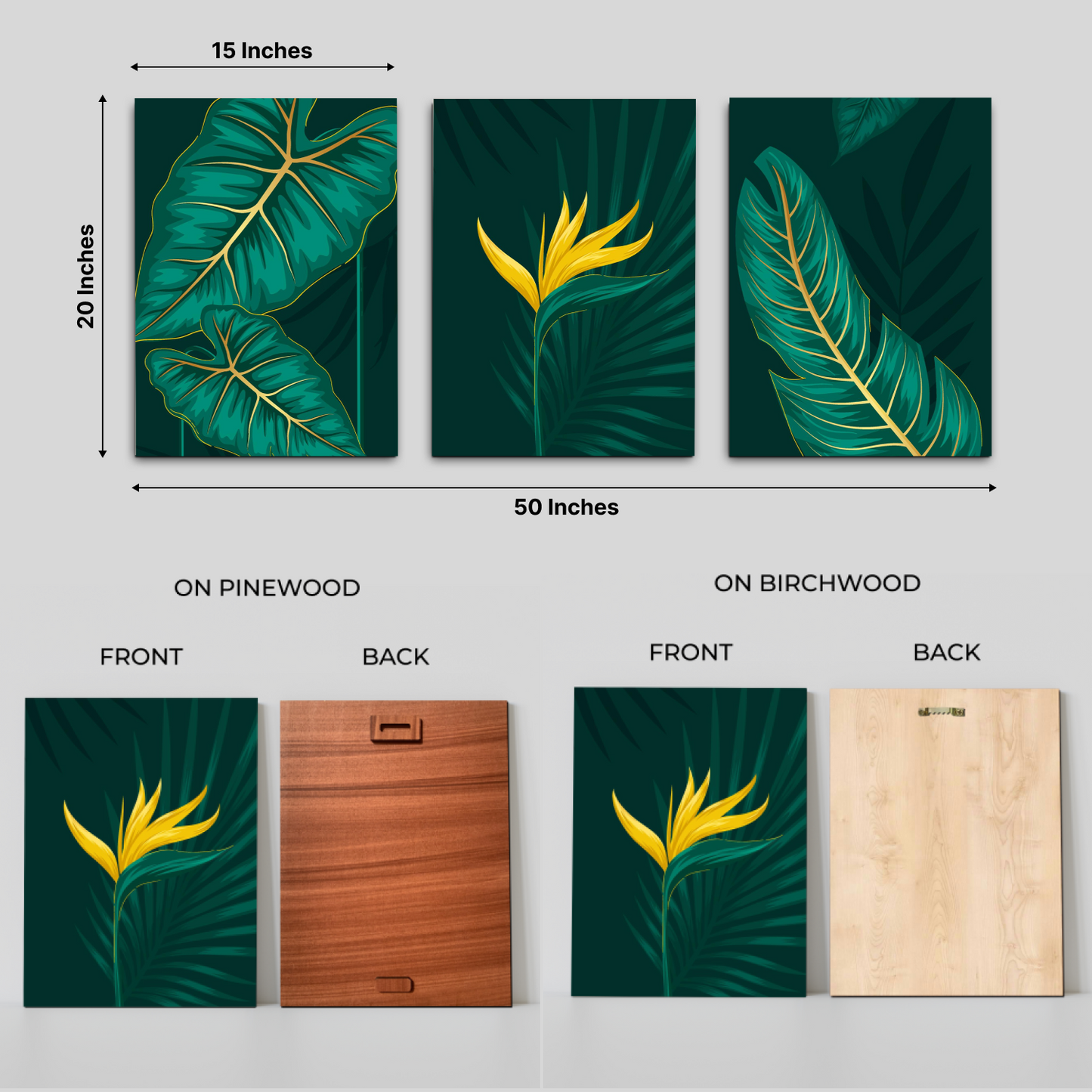 Green Leaf Wood Print Wall Art Set of 3