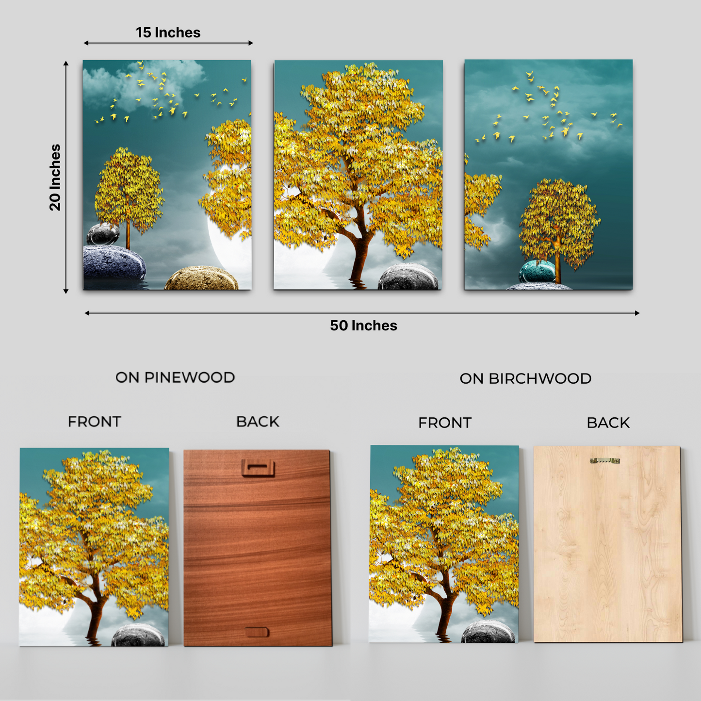 Good Luck Golden Tree Wood Print Wall Art Set of 3