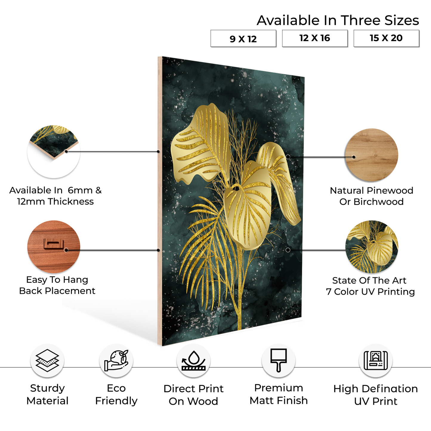 Assorted Gold Leaf Wood Print Wall Art Set of 3