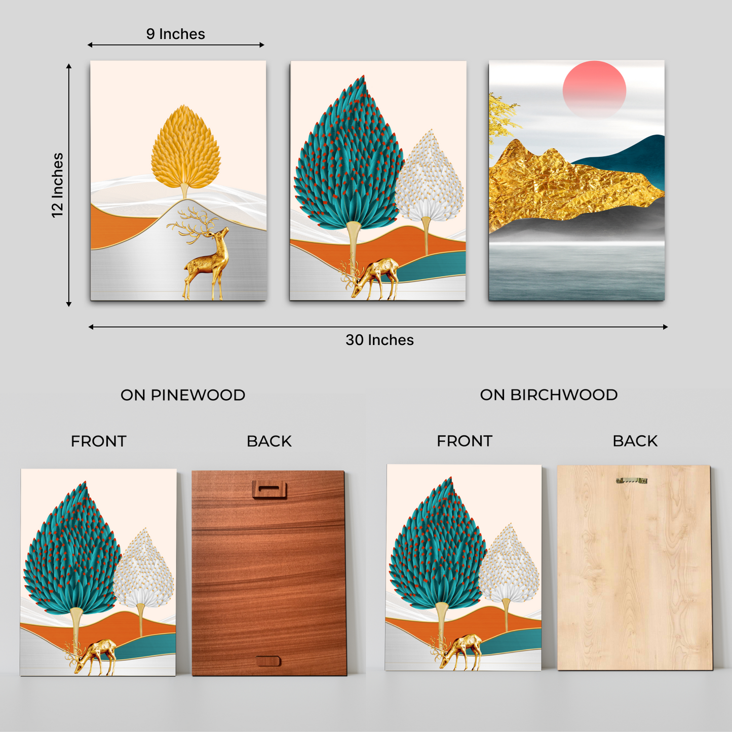Golden Lucky Deer Landscape Wood Print Wall Art Set of 3