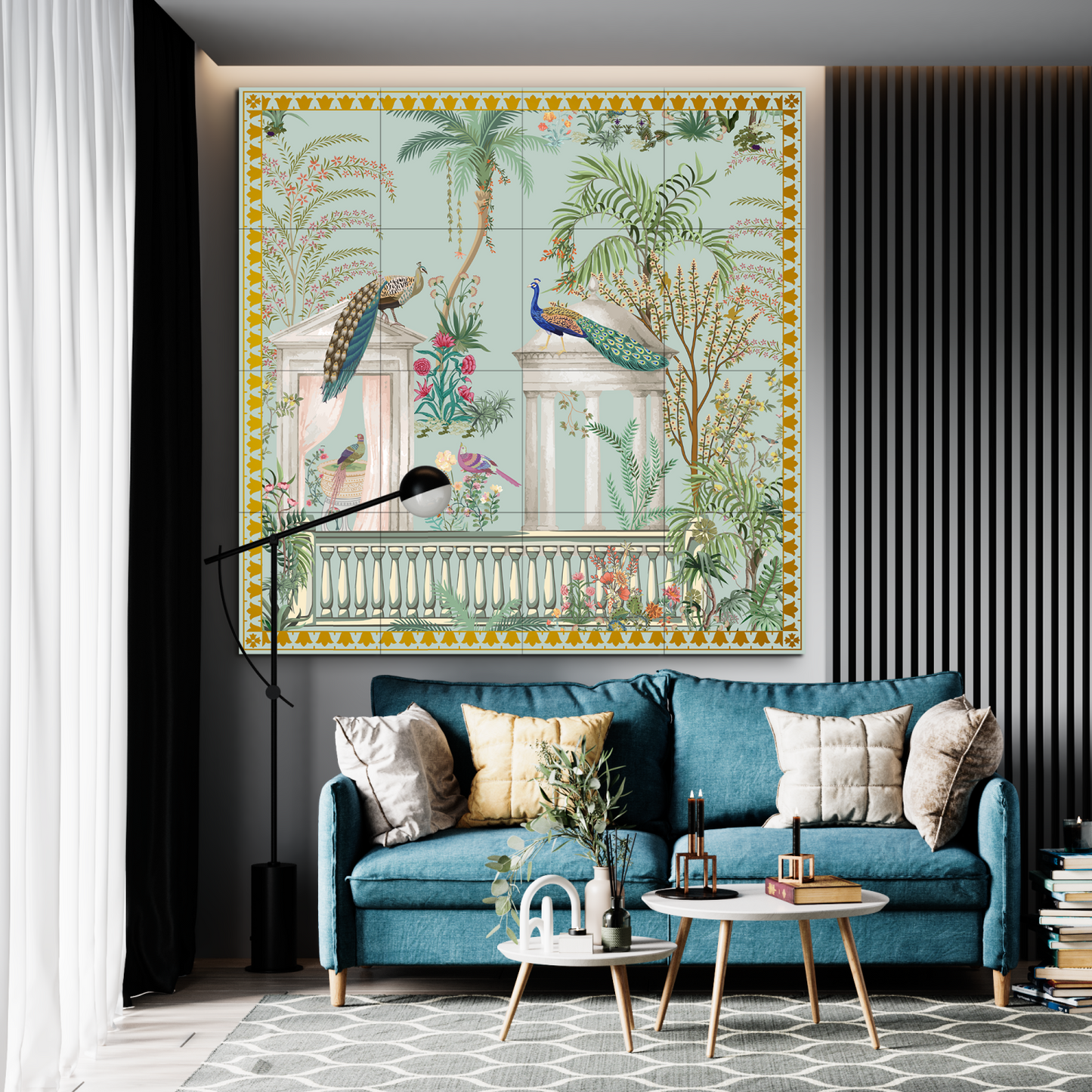 Peacock Royal Wood Print Wooden Wall Tiles Set
