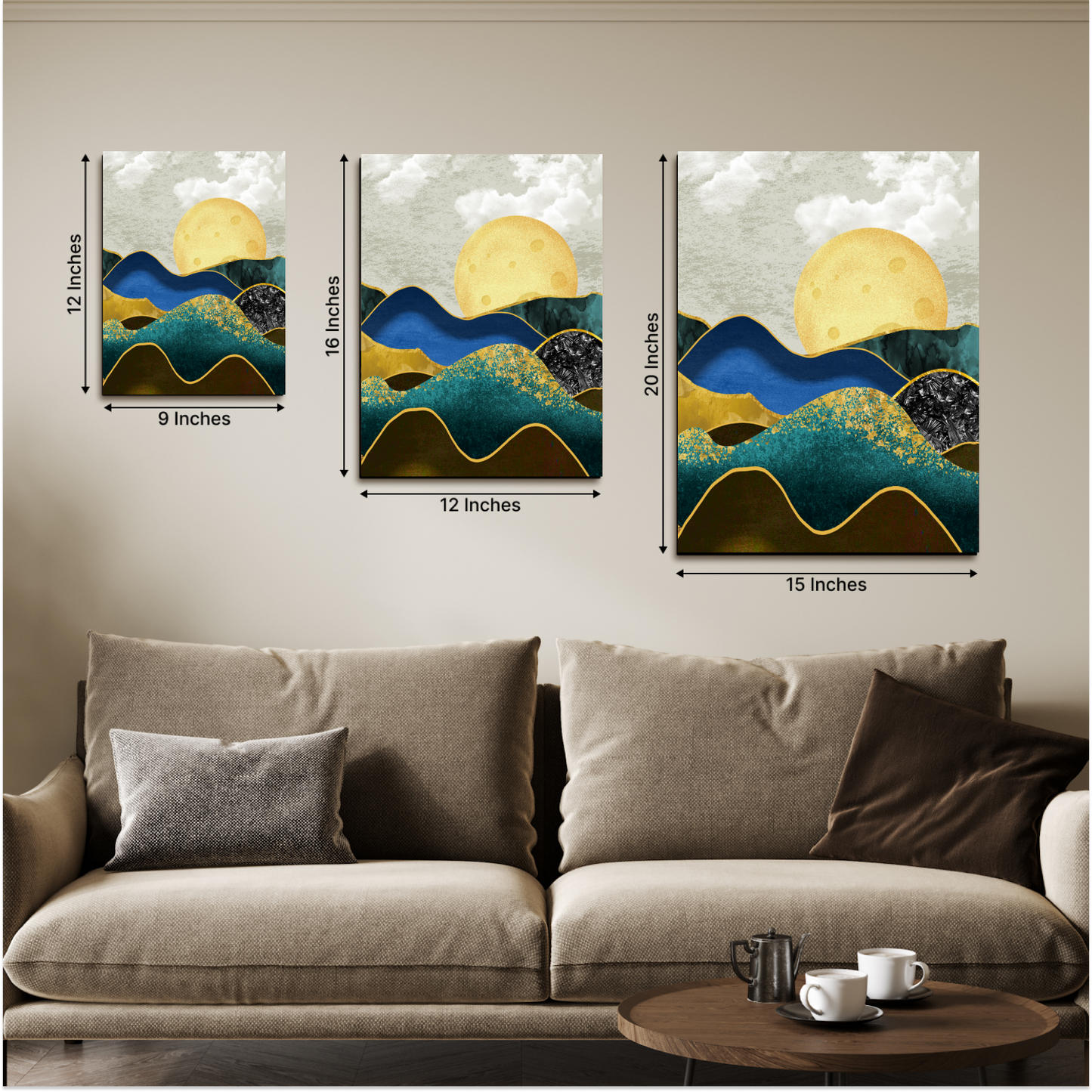 Blue & Gold Landscape Wood Print Wall Art Set of 3