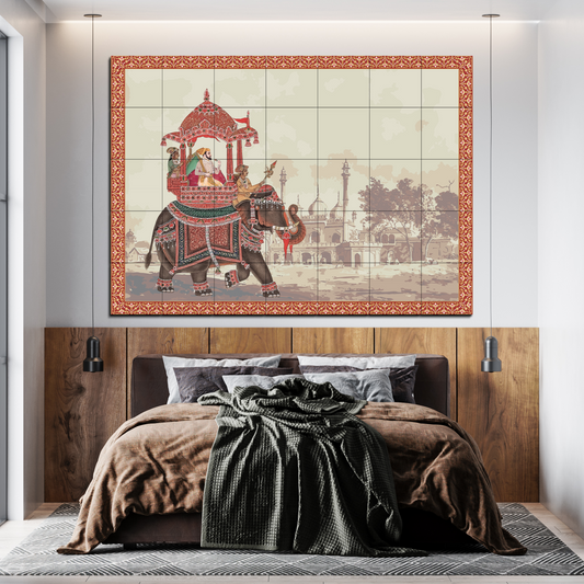 Emperor Riding Royal Elephant Wood Print Wooden Wall Tiles Set-Luxury Wall Art