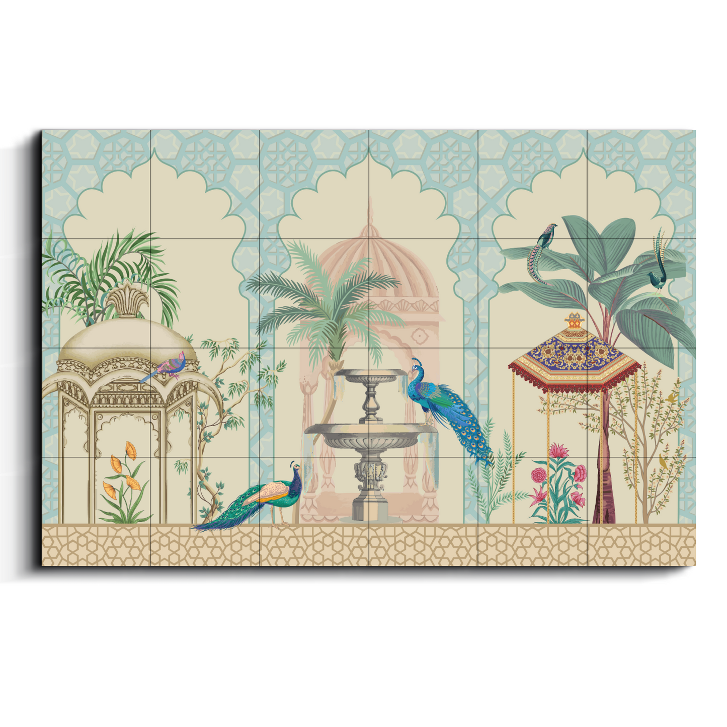 Peacock Couple in Garden Traditional Wood Print Wooden Wall Tiles Set