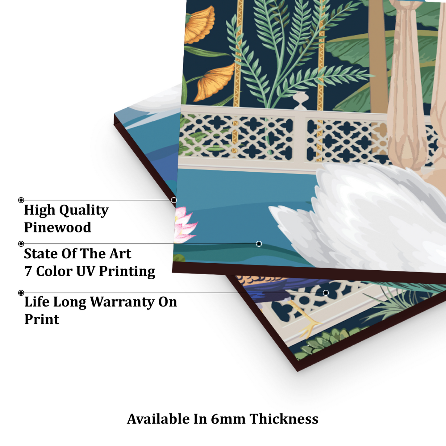 Swan Couple in Lake Traditional Wood Print Wooden Wall Tiles Set