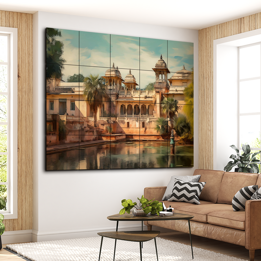 Indian Vintage Maharaja's Palace Wood Print Wooden Wall Tiles Set