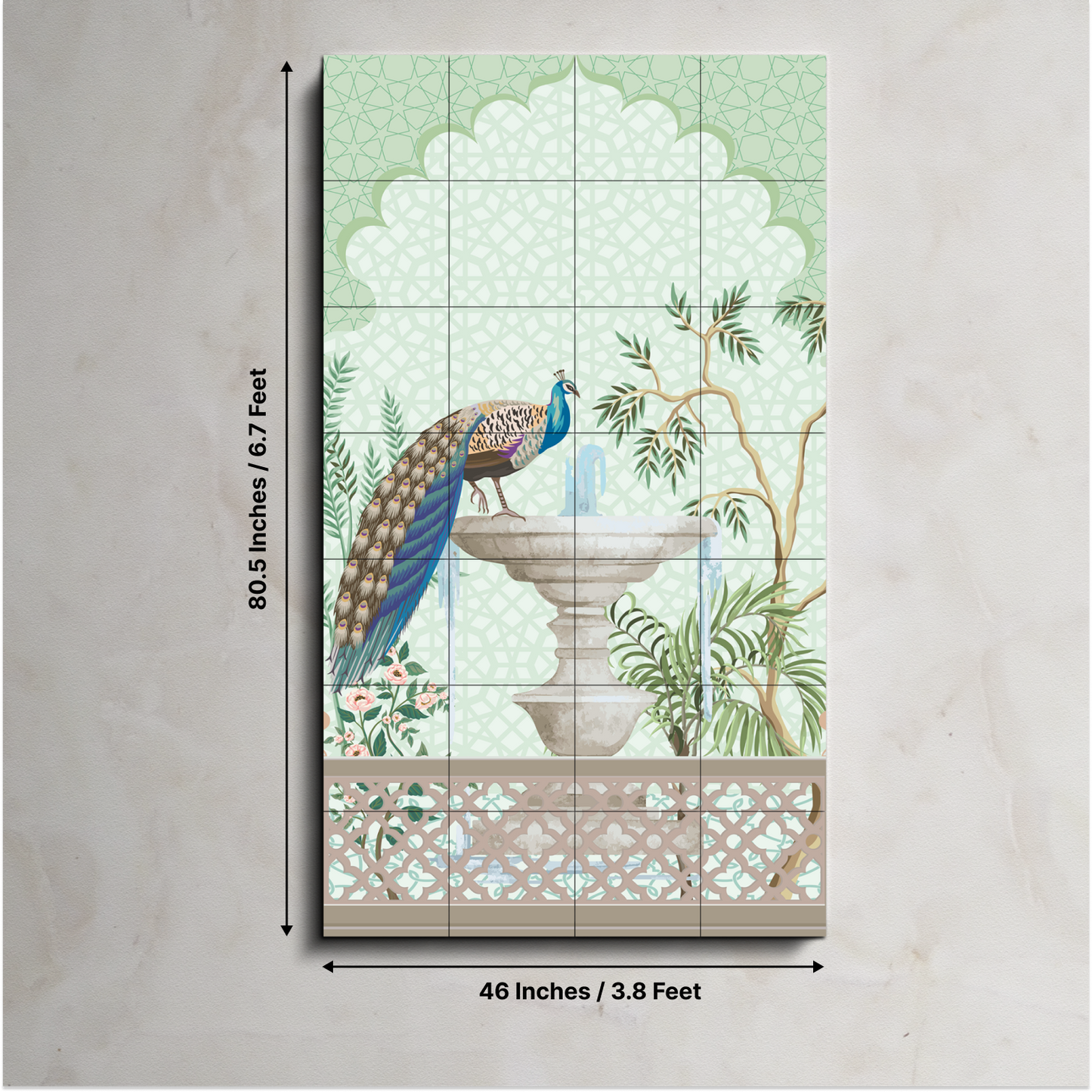 Peacock Sitting on Fountain Traditional Wood Print Wooden Wall Tiles Set