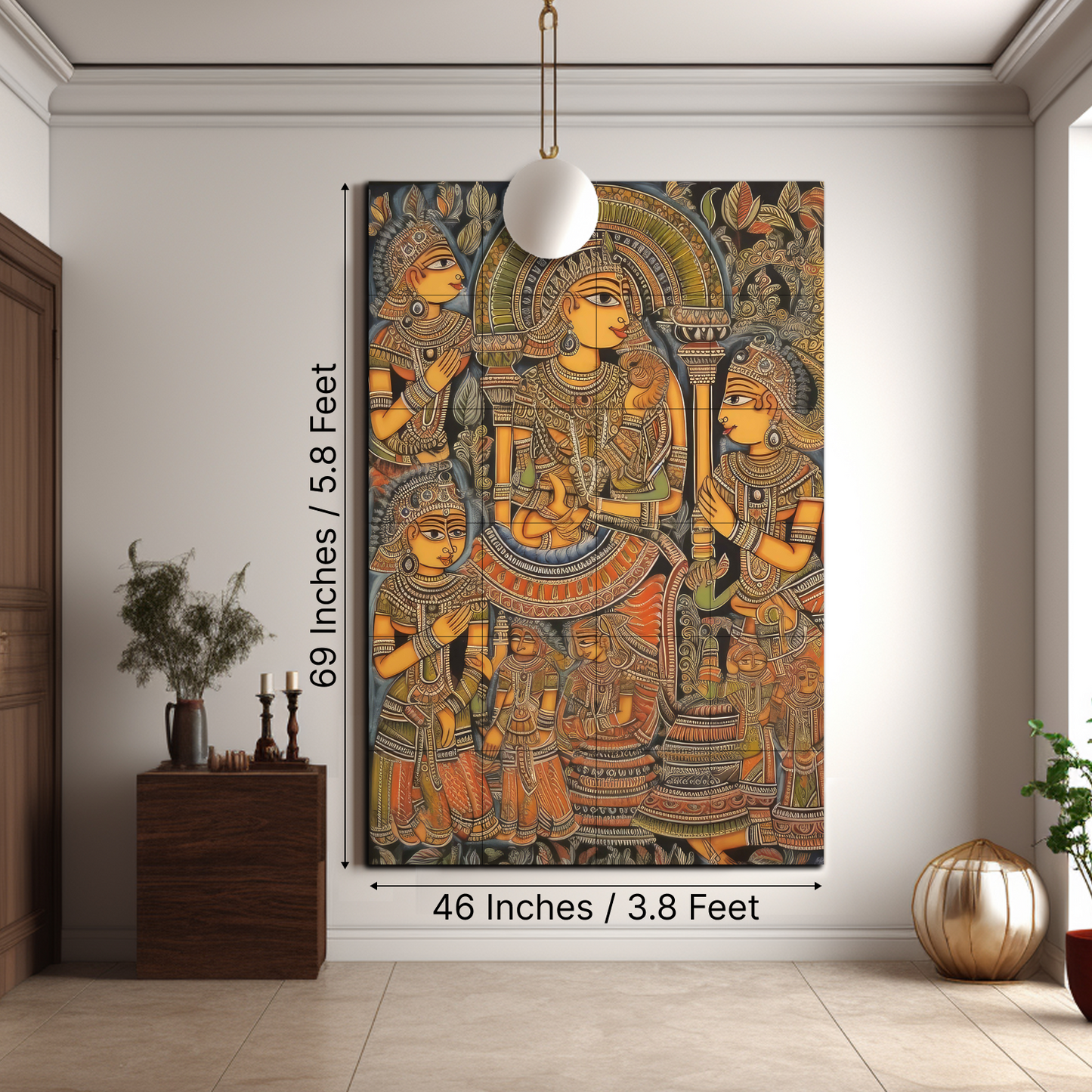 Madhubani Vintage Indian Folk Art Wood Print Luxury Wall Tiles Set