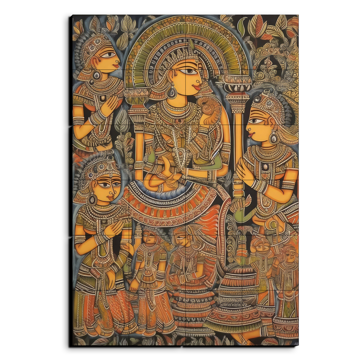 Madhubani Vintage Indian Folk Art Wood Print Luxury Wall Tiles Set
