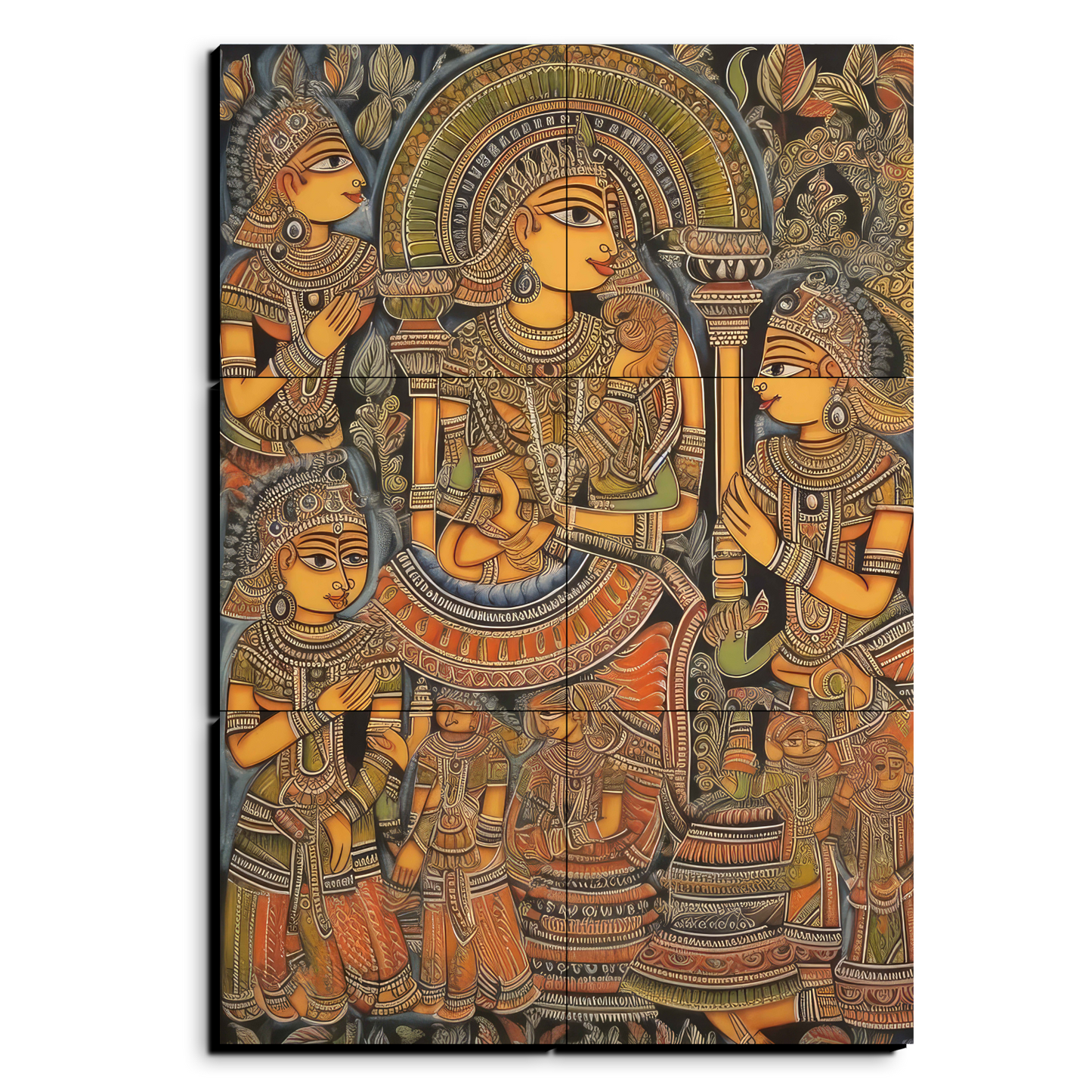 Madhubani Vintage Indian Folk Art Wood Print Luxury Wall Tiles Set
