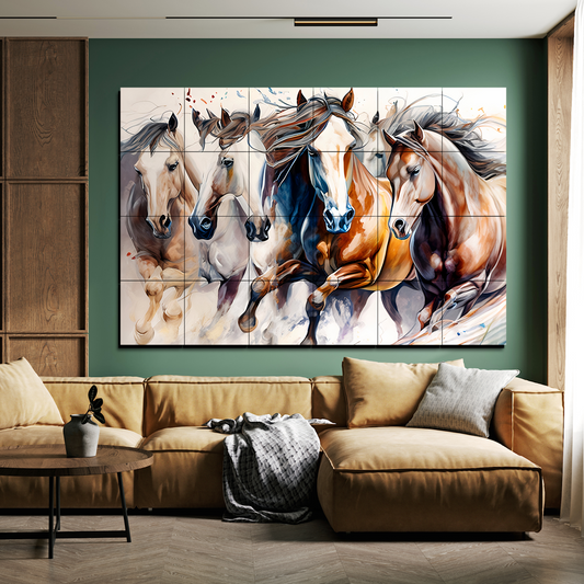 Seven Running Horses Wood Print Wooden Wall Tiles Set