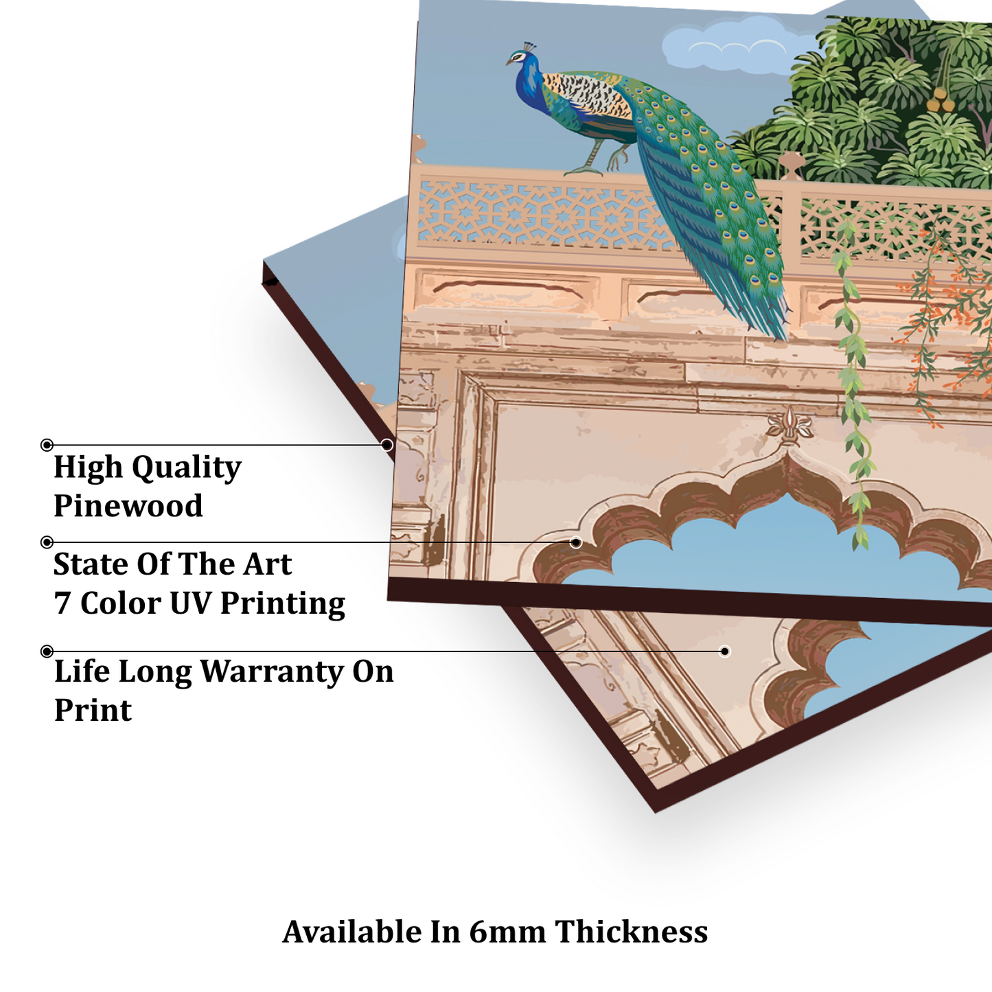 Traditional Mughal Garden Wood Print Luxurious Wooden Wall Tiles Set