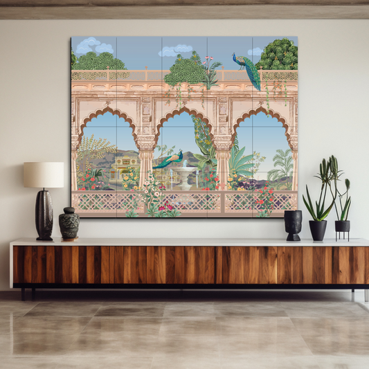 Traditional Mughal Garden Wood Print Luxurious Wooden Wall Tiles Set