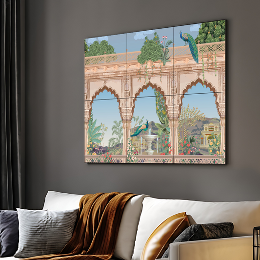 Traditional Mughal Garden Wood Print Luxurious Wooden Wall Tiles Set
