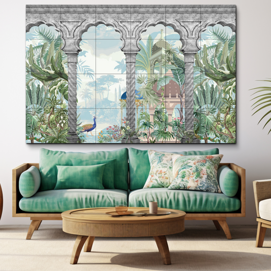 Historical Indian Landscape Wood Print Luxurious Wooden Wall Tiles Set
