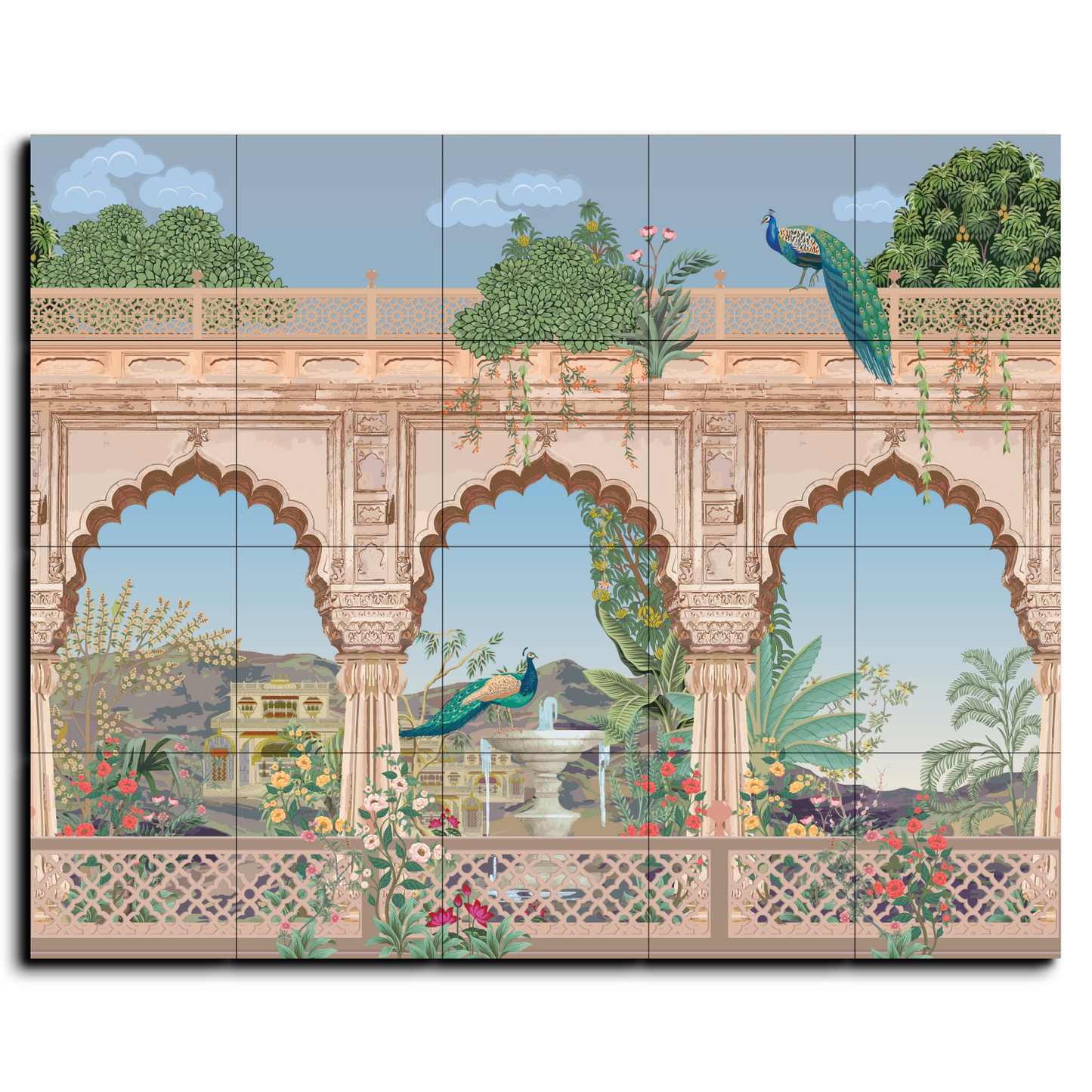 Traditional Mughal Garden Wood Print Luxurious Wooden Wall Tiles Set