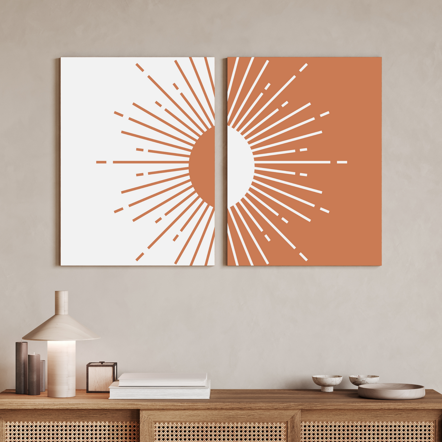 Abstract Sun Mid Century Wood Print Wall Art Set of 2