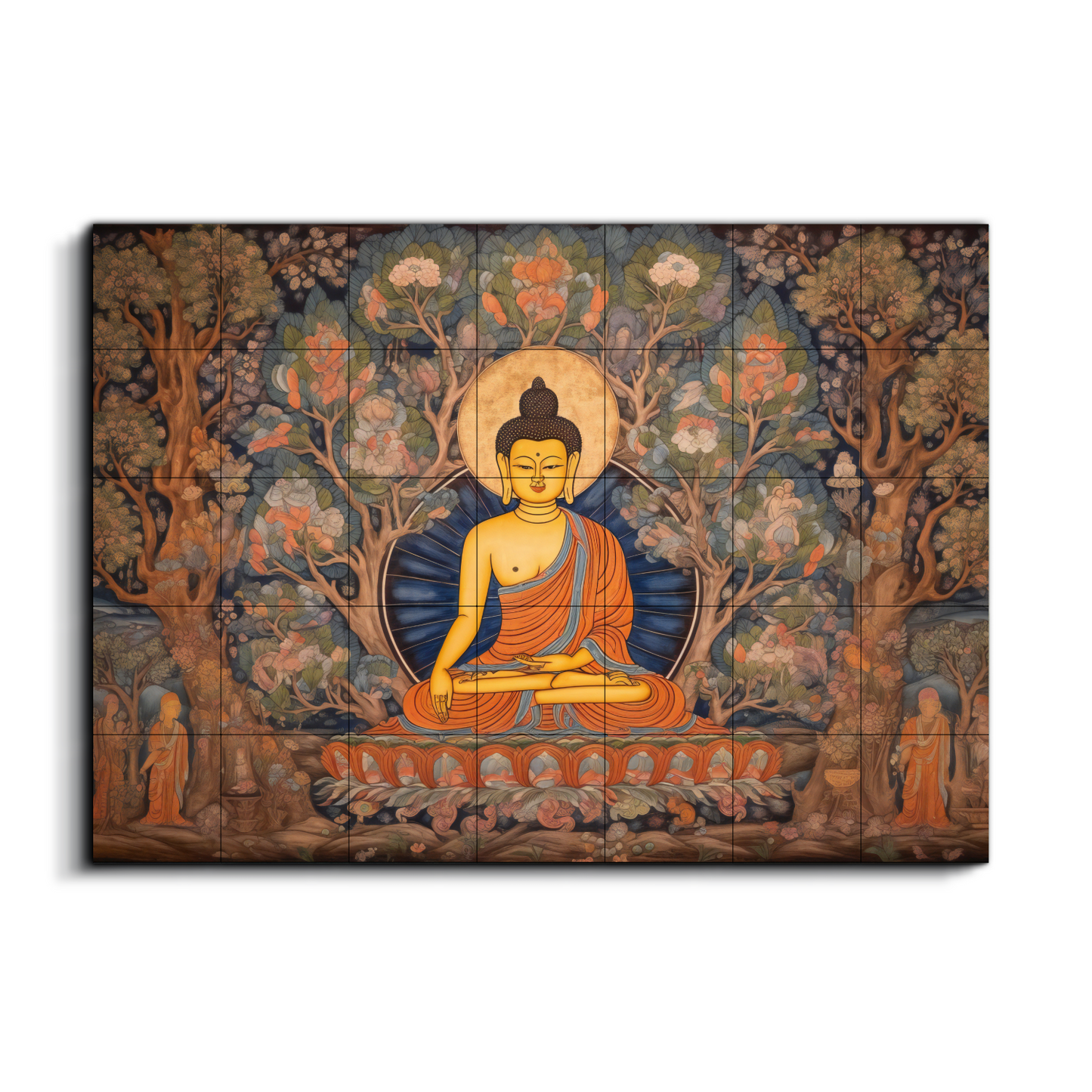 Meditating Buddha Blue Wood Print Wooden Wall Tiles Set