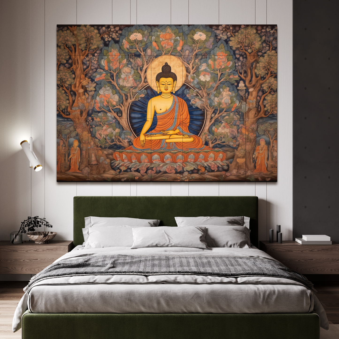 Meditating Buddha Blue Wood Print Wooden Wall Tiles Set