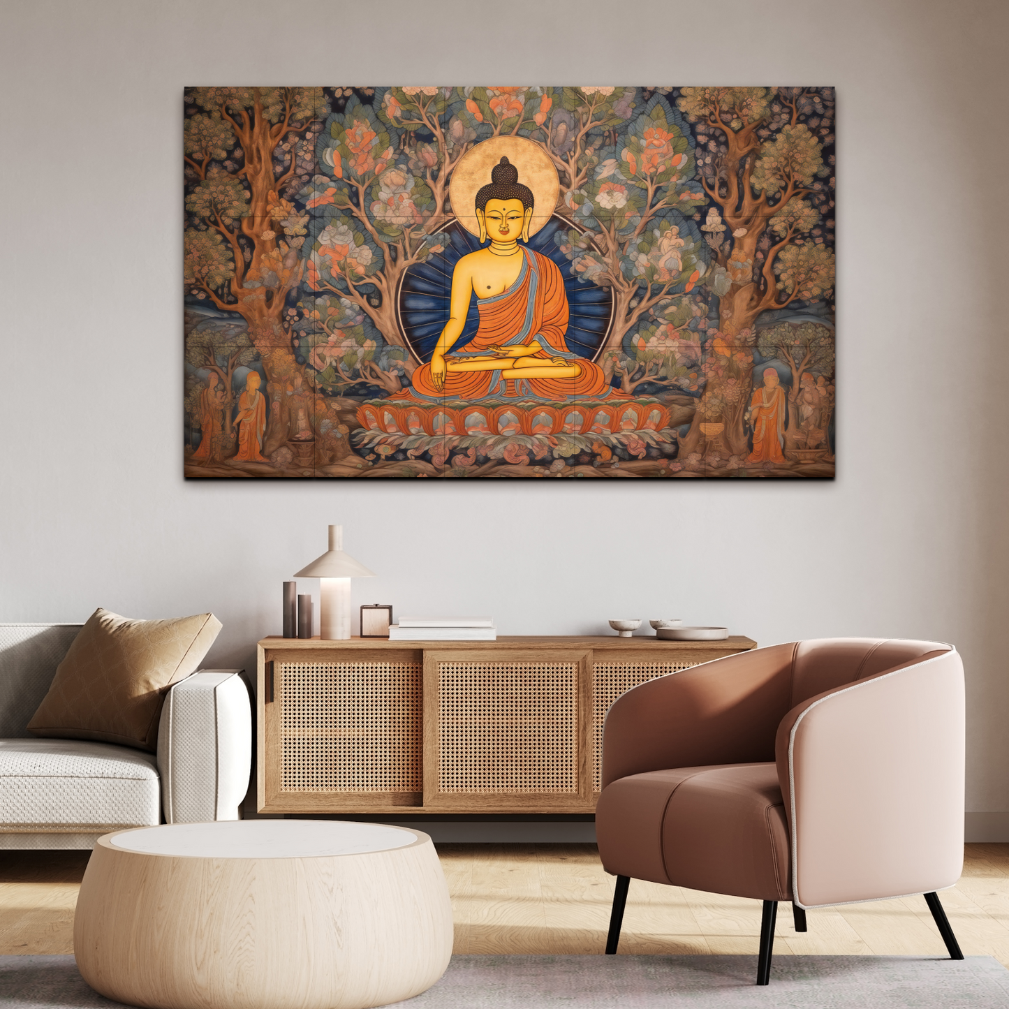 Meditating Buddha Blue Wood Print Wooden Wall Tiles Set (DOD)
