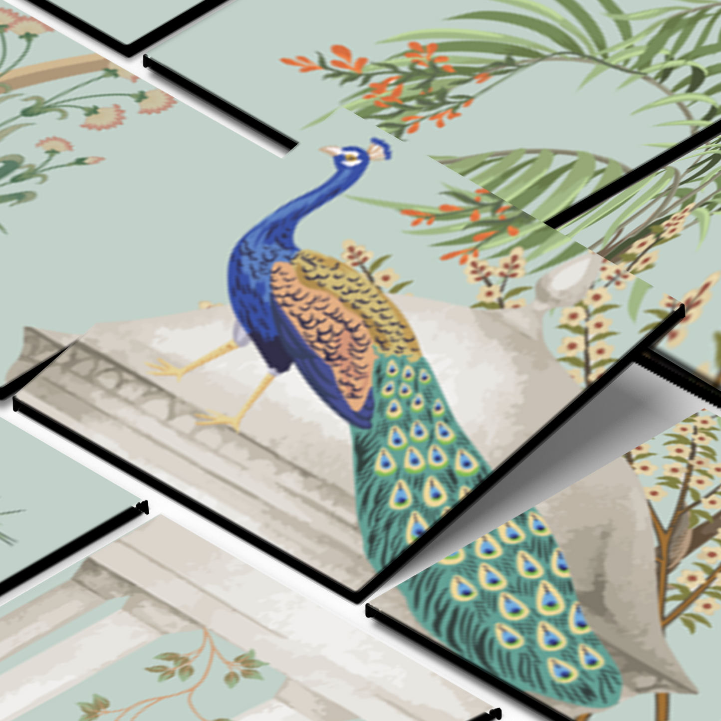 Peacock Royal Wood Print Wooden Wall Tiles Set