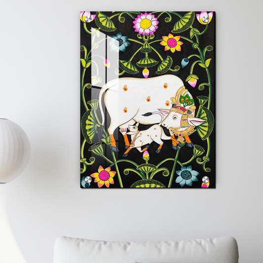 Cow and Calf Sacred Pichwai Wood Print Wall Art